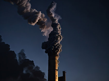 There is smoke coming out of a tall smokest. ai generative.の素材
