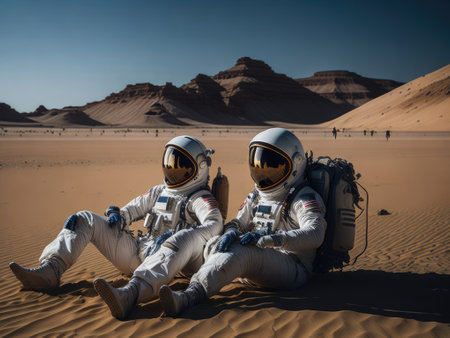 two astronauts on mars Lounging on a beach. ai generative.の素材