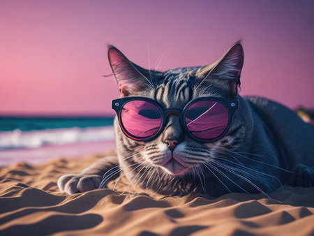 Cat in glasses relaxes on beach funny pet. ai generative.の素材