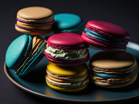Colorful French macarons on a plate. ai generative.の素材