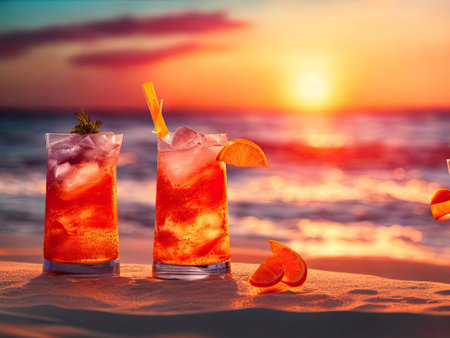 Cocktails by the sea. Summer beach mood ultra realistic. ai generative.の素材