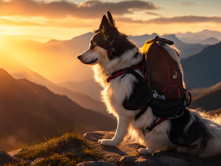Dog with a backpack in the mountains. ai generative.の素材