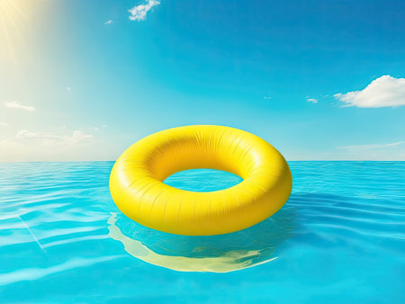 Yellow inflatable ring in blue waterpool summer background. ai generative.の素材