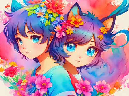 cute anime kitten character on flower background. ai generative.の素材