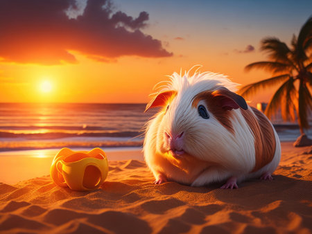 Guinea pig is on summer vacation at sunset. ai generative.の素材
