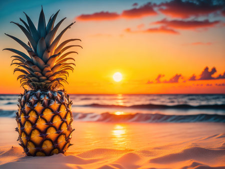 pineapple on the beach at sunset. copy paste, copy space. ai generative.の素材