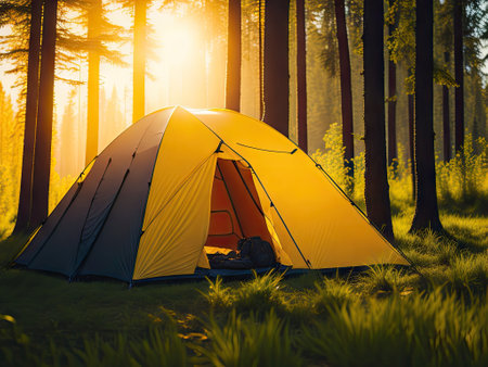 camping tent in the forest. ai generative.の素材