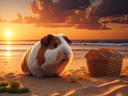 Guinea pig is on summer vacation at seaside. ai generative.の素材
