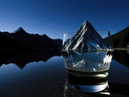 a glass of water with a mountain in the middle. ai generative.の素材