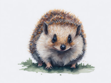 Cute hedgehog crawling in watercolor on white background. ai generative.の素材