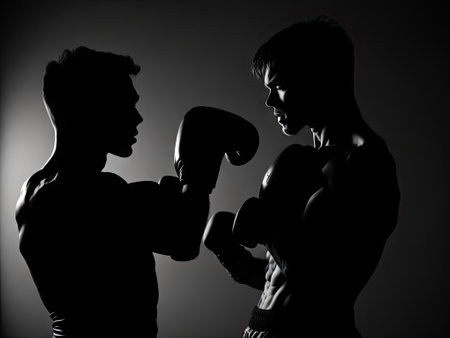 two young boxers training in the gym on black background. ai generative.の素材