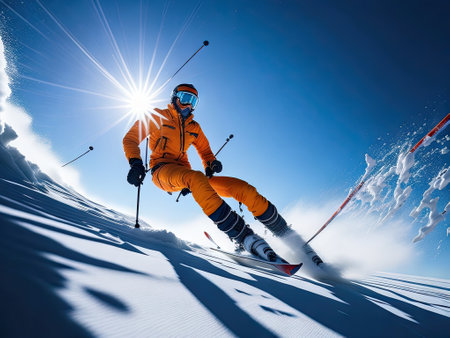 A skier is skiing in the bright sun. ai generative.の素材
