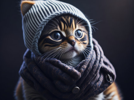 Cute kitten wearing a scarf and warm hat on black background. ai generative.の素材