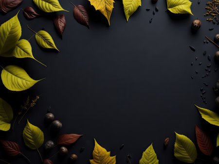 Copy space background with autumn decor on black background. ai generative.の素材