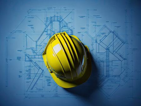construction yellow helmet and blueprints on build. ai generative.の素材