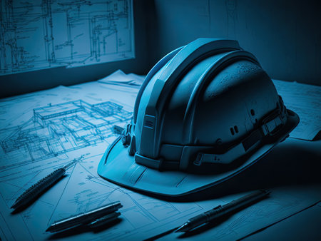 construction helmet and blueprints on build. ai generative.の素材
