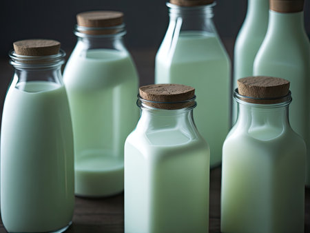 Glass bottles of fresh milk closeup. ai generative.の素材