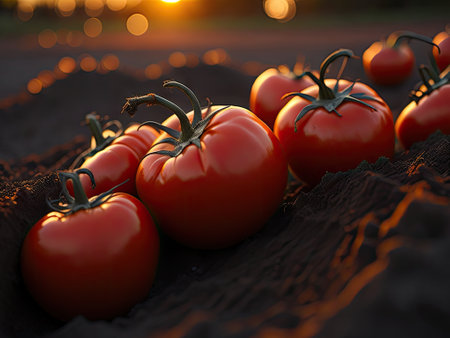 Closeup of ripe tomatoes growing on soil. ai generative.の素材