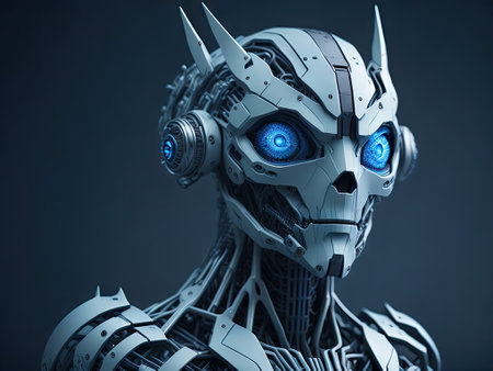 funny White humanoid robot with blue eyes. ai generative.の素材