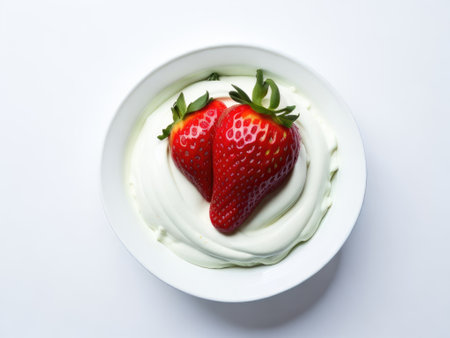 A bowl of milk or yogurt topped with strawberries. ai generative.の素材