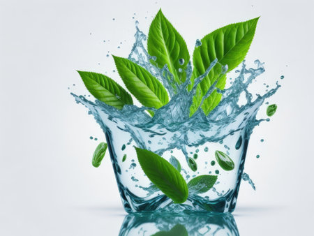 Water splash on white background with mint. ai generative.の素材
