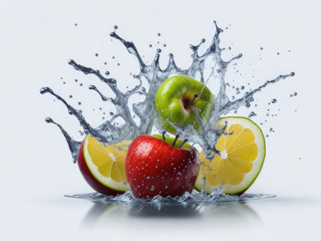 Water splash on white background with apple and lime. ai generative.