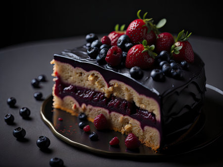 Slice of gourmet fresh berry cake on black background. ai generative.の素材