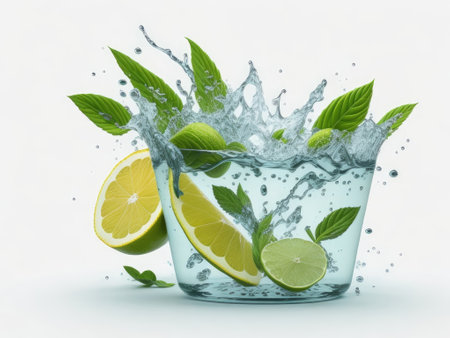 Water splash on white background with lime and mint. ai generative.の素材