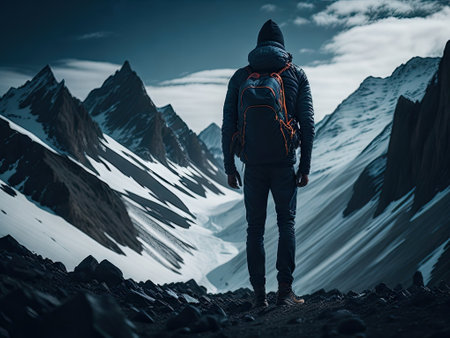 a man with a hiking backpack stands among the snowy mountains. ai generative.の素材