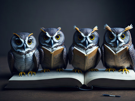 group of owls reading book and learning. ai generative.の素材