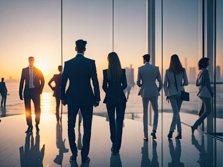 blurred business people in white glass office at sunset. ai generative.の素材