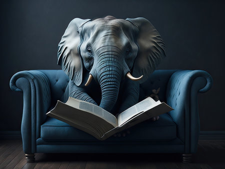 elephant reading book on sofa. ai generative.の素材