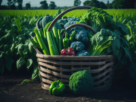 fresh green and mixed colored vegetables in basket. ai generative.の素材