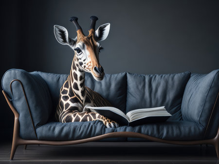 girafe reading book on sofa. ai generative.の素材