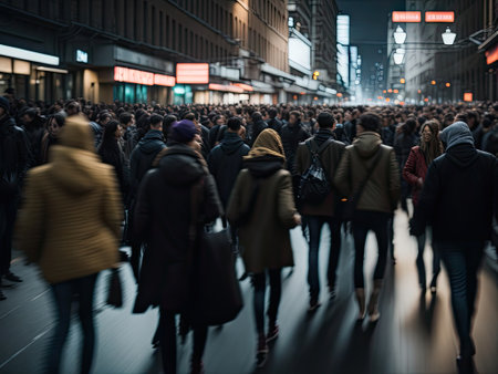 Crowd of people walking in the street in the night. ai generative.の素材