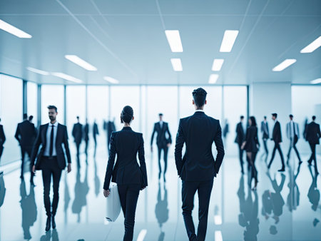 blurred business people in white glass office. ai generative.の素材