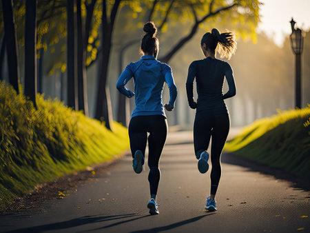 two runners back view close up running in the park. ai generative.の素材