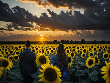 Landscape with couple back to back sunflower field. ai generative.の素材