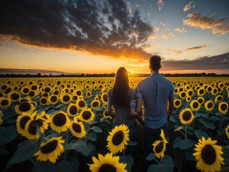 Landscape with couple back to back sunflower field. ai generative.の素材