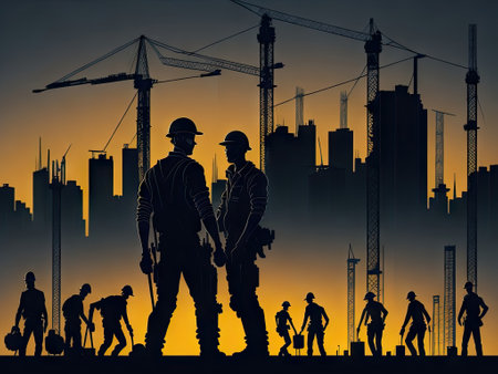 Silhouettes of construction workers against. ai generative.の素材