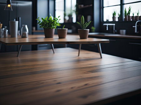 Wooden Table Top on Blurred Kitchen Room. ai generative.の素材