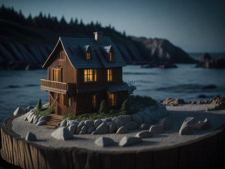 Miniature model of a wooden house on the sea island. ai generative.の素材