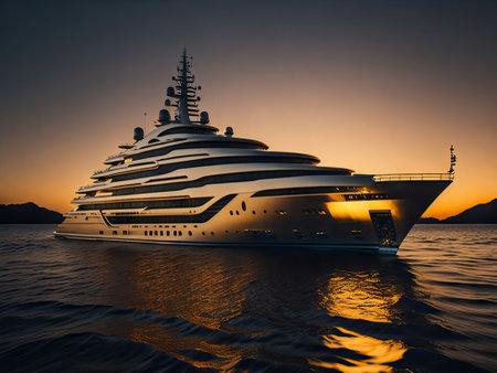 A luxury mega yacht with golden glass in the sea. ai generative.の素材