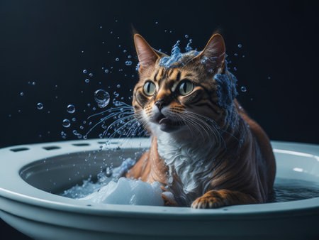 Cute cat wet taking a bath with foam. ai generative.の素材