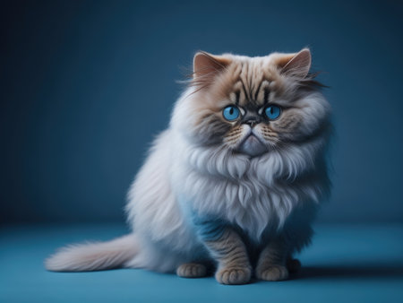 Funny cute Persian cat sit on soft blue studio background. ai generative.の素材