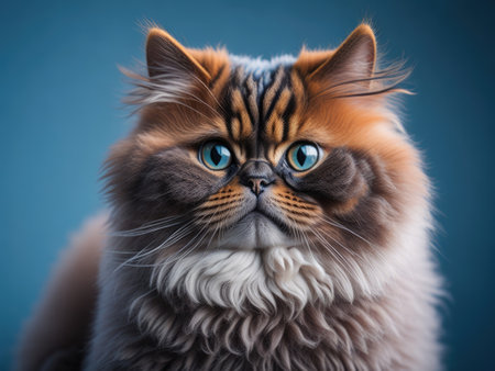 Funny cute Persian cat smile on soft blue studio background. ai generative.の素材