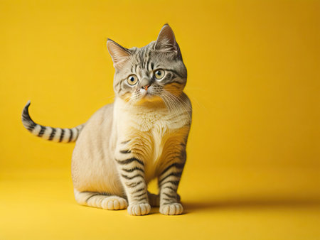Funny cute little cat on soft pastel yellow background. ai generative.の素材