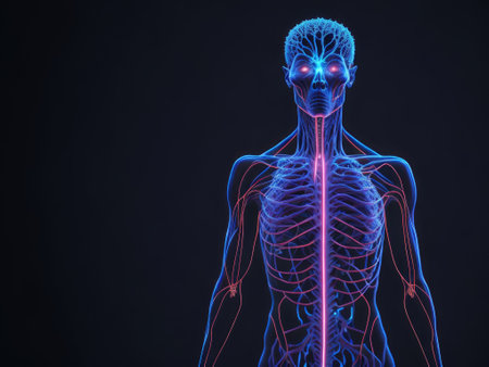 Human body with glowing neurons visualization on black background. ai generative.の素材