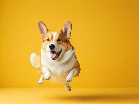 Funny cute Corgi dog jump on soft pastel yellow background. ai generative.の素材