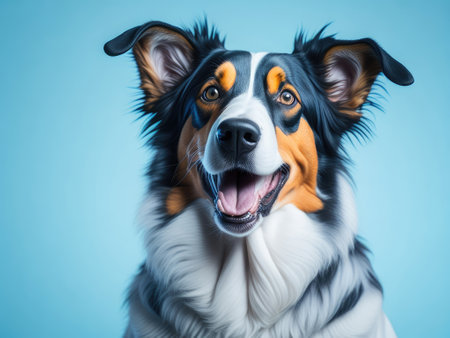 Funny cute collie dog smile on soft blue pastel background. ai generative.の素材